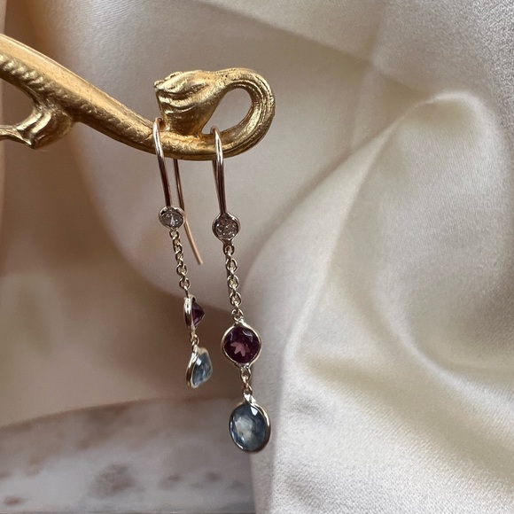 Blue and purple Sapphire and Diamond  Dangle Earrings in 14KYellow Gold 1.0" - Picture 4 of 10